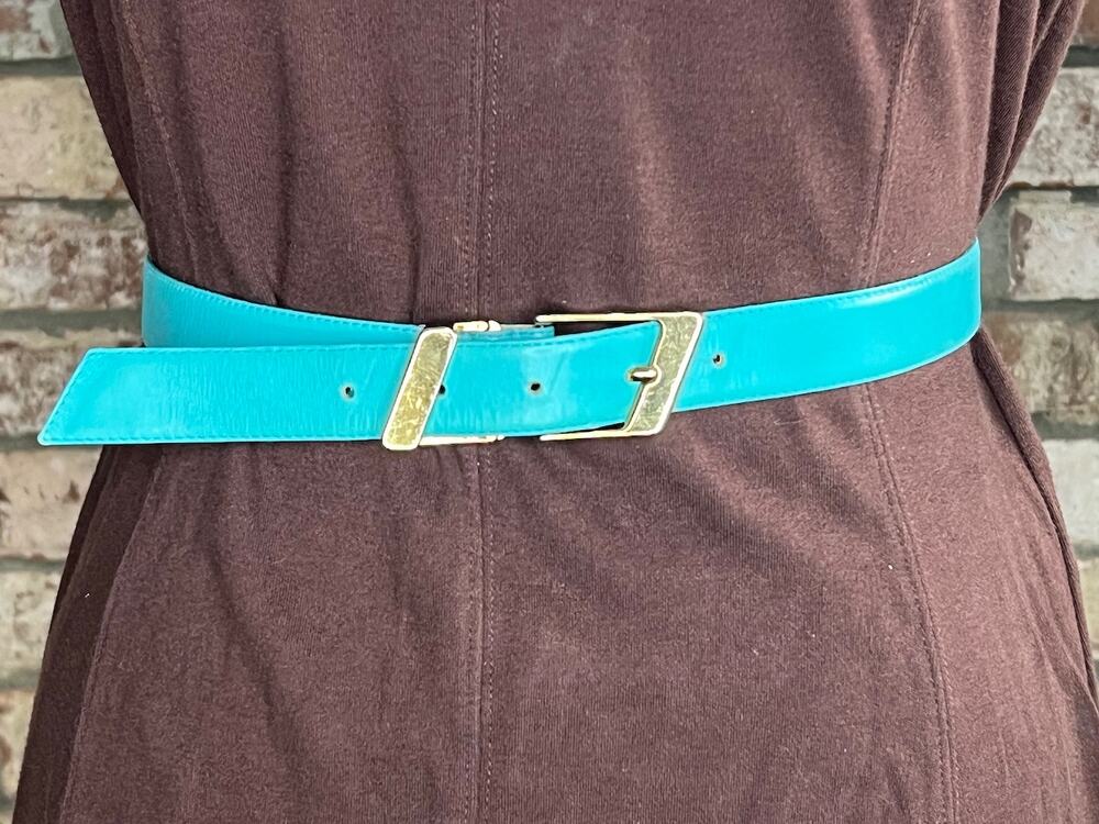 belt vegan leather blue aqua teal goldtone geometric slant buckle 1980s